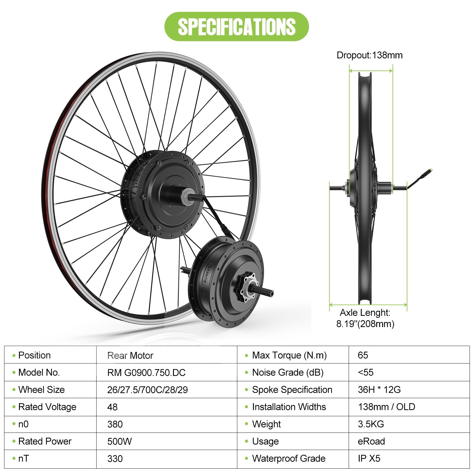 BAFANG 48V500W Rear Hub Motor 26″27.5»700C Wheel Hub Motor Ebike Conversion Kit