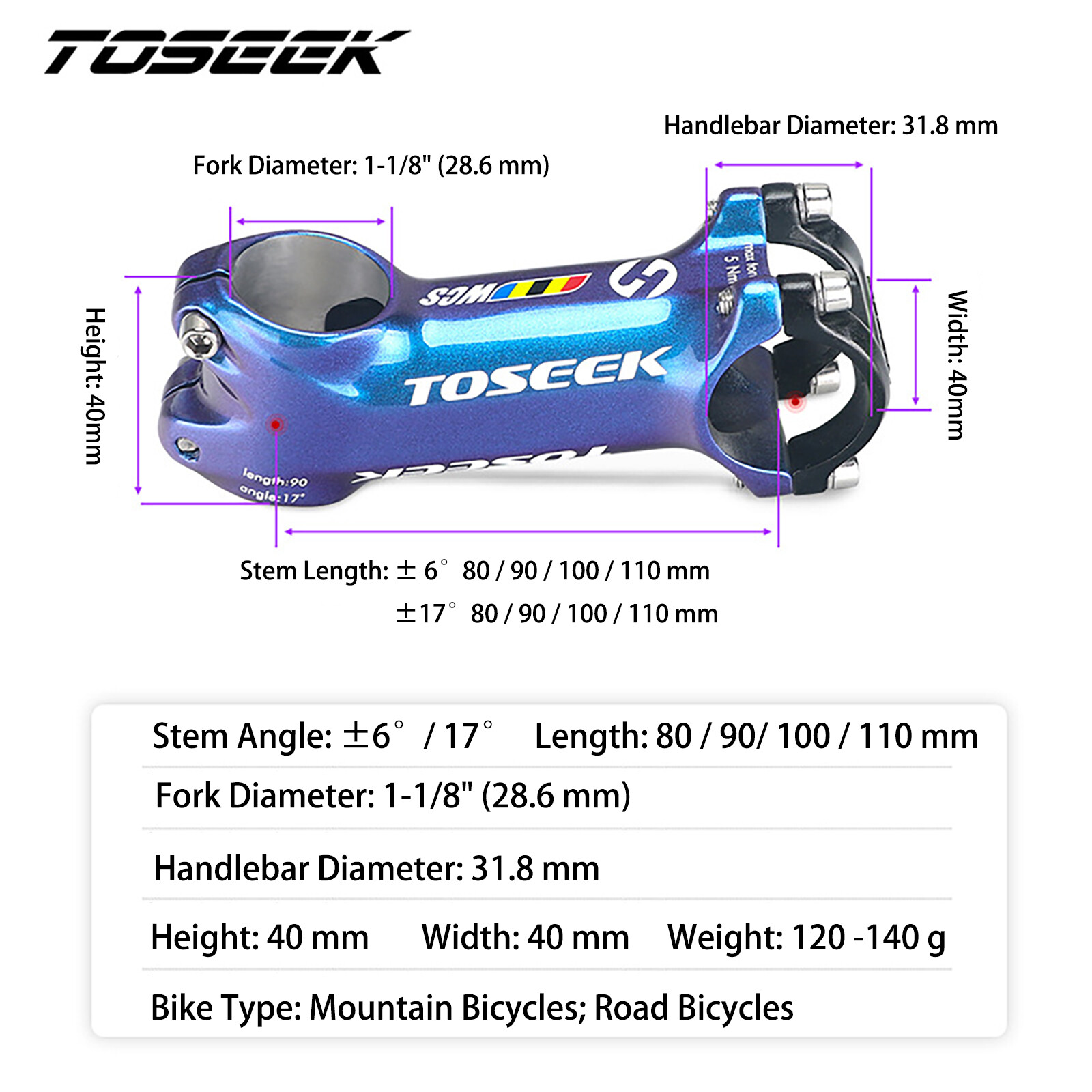 Aluminum Alloy Bicycle Stem Racing Road Mountain Bike Handlebar Stem Blue 6°/17°