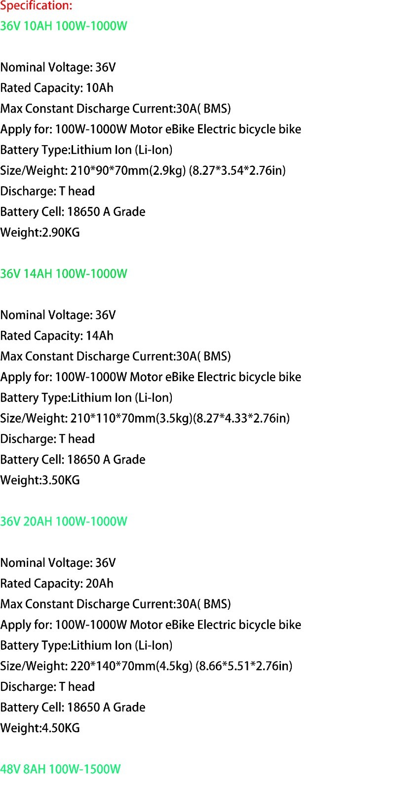 Ebike Battery 72V 60V 52V 48V 36V 8Ah 10Ah 14Ah 20Ah 30A 50W-3600W Electric Bike
