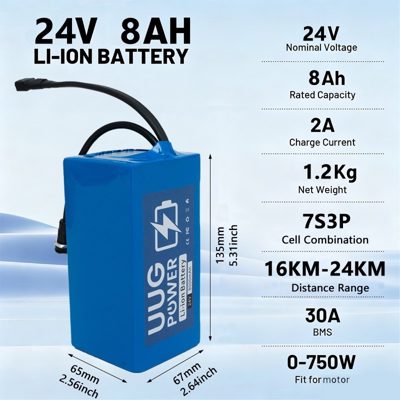 24V 8Ah Ebike Battery Lithium ion Battery for 100W-750W Electric Bicycle 30A
