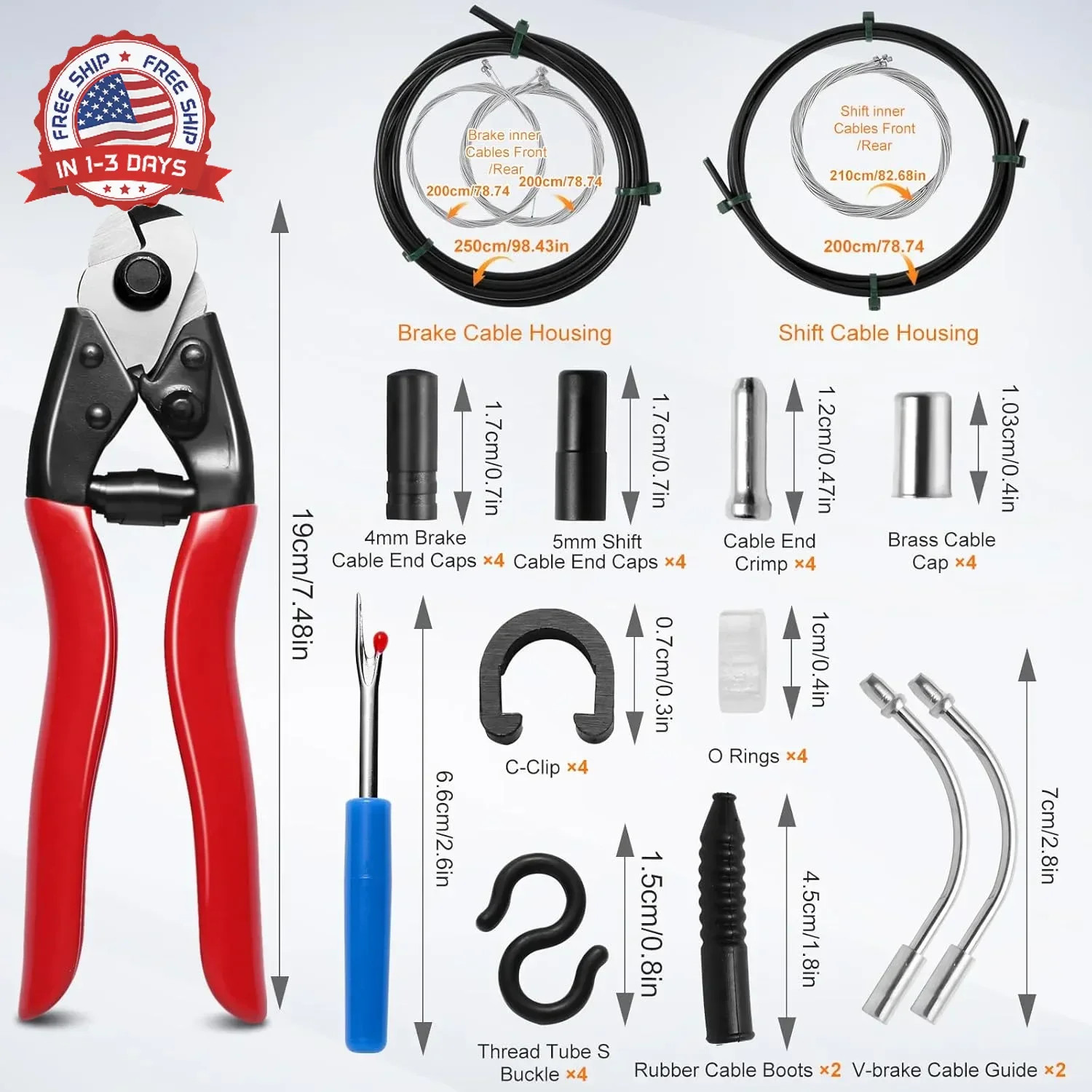 Bike Brake Cable Kit with Stainless Steel Bike Cable Cutter, Brake Cable and Bik