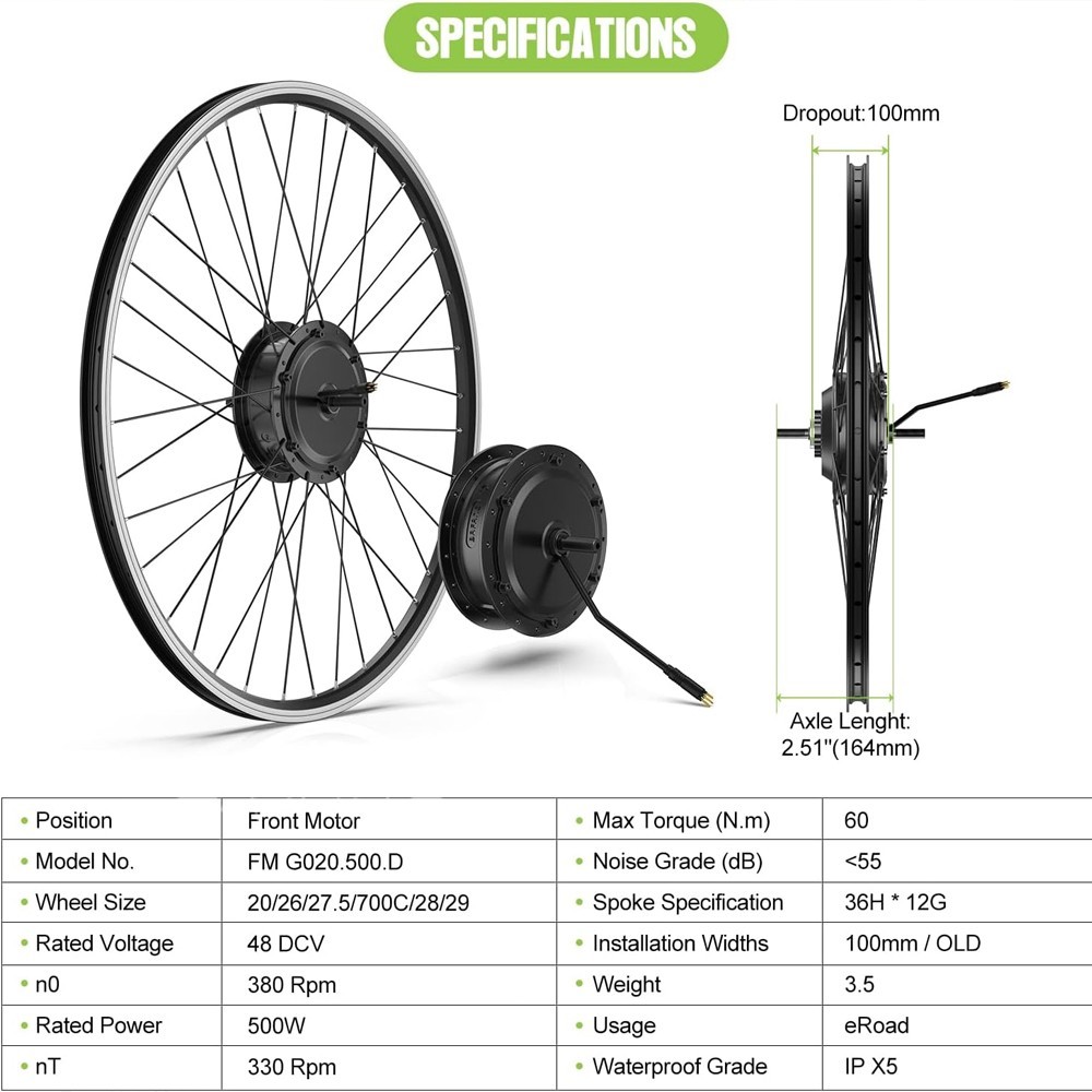 48V 500W Bafang Front hub Motor 20»26»700C Wheel Electric Bike Conversion Kits