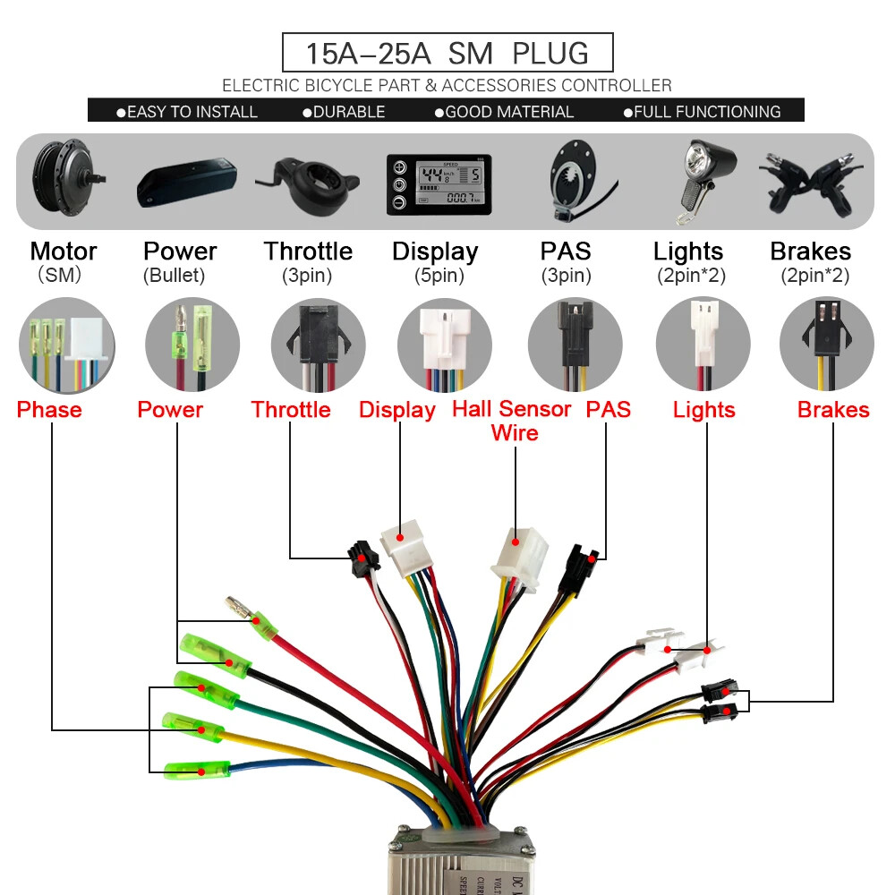 Ebike Controller 36V 48V 250W-1500W Waterproof Plug 15A/17A/22A/25A/30A/35A
