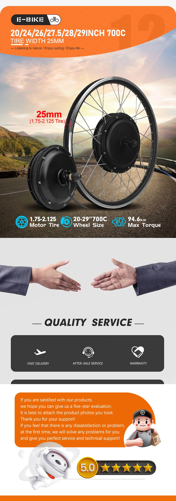 52V 2000W Electric Bike Conversion Kit Rear Hub Motor Wheel 20/26/27.5/29In 700C