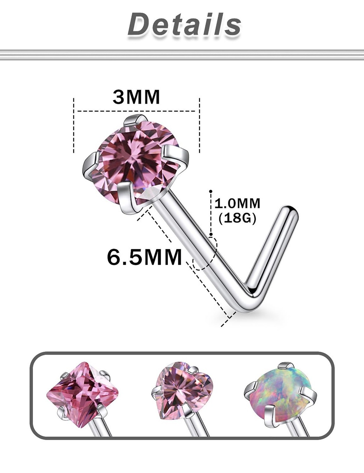 F136 Titanium 20/18g L Shaped Pink/Blue Diamond Nose Ring Studs Earrings Pier…