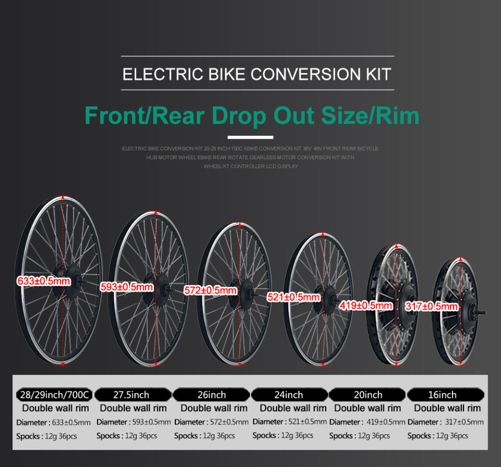 48V 2000W Electric Bike Brushless Non-Gear Front/Rear Motor Conversion Kit