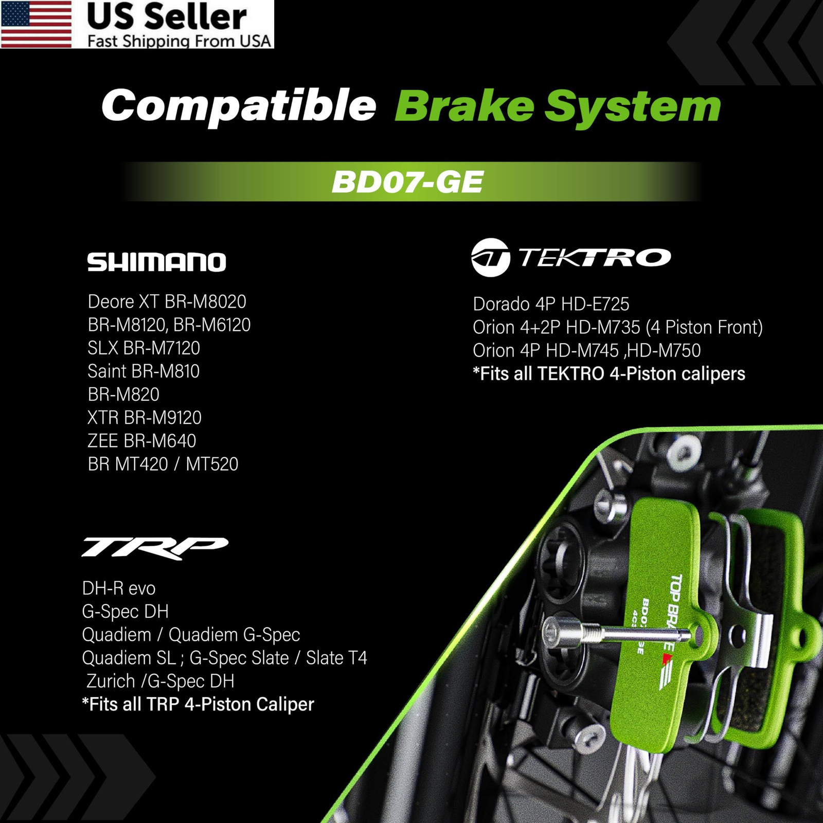 TOP BRAKE Disc Bike Brake Pads Compatible with Shimano 1.55*0.94 (in), Green