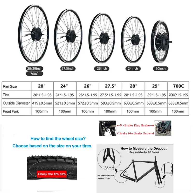 48V 250-2000W MTB Electric Bike Front/Rear Brushless Motor Wheel Waterproof Plug