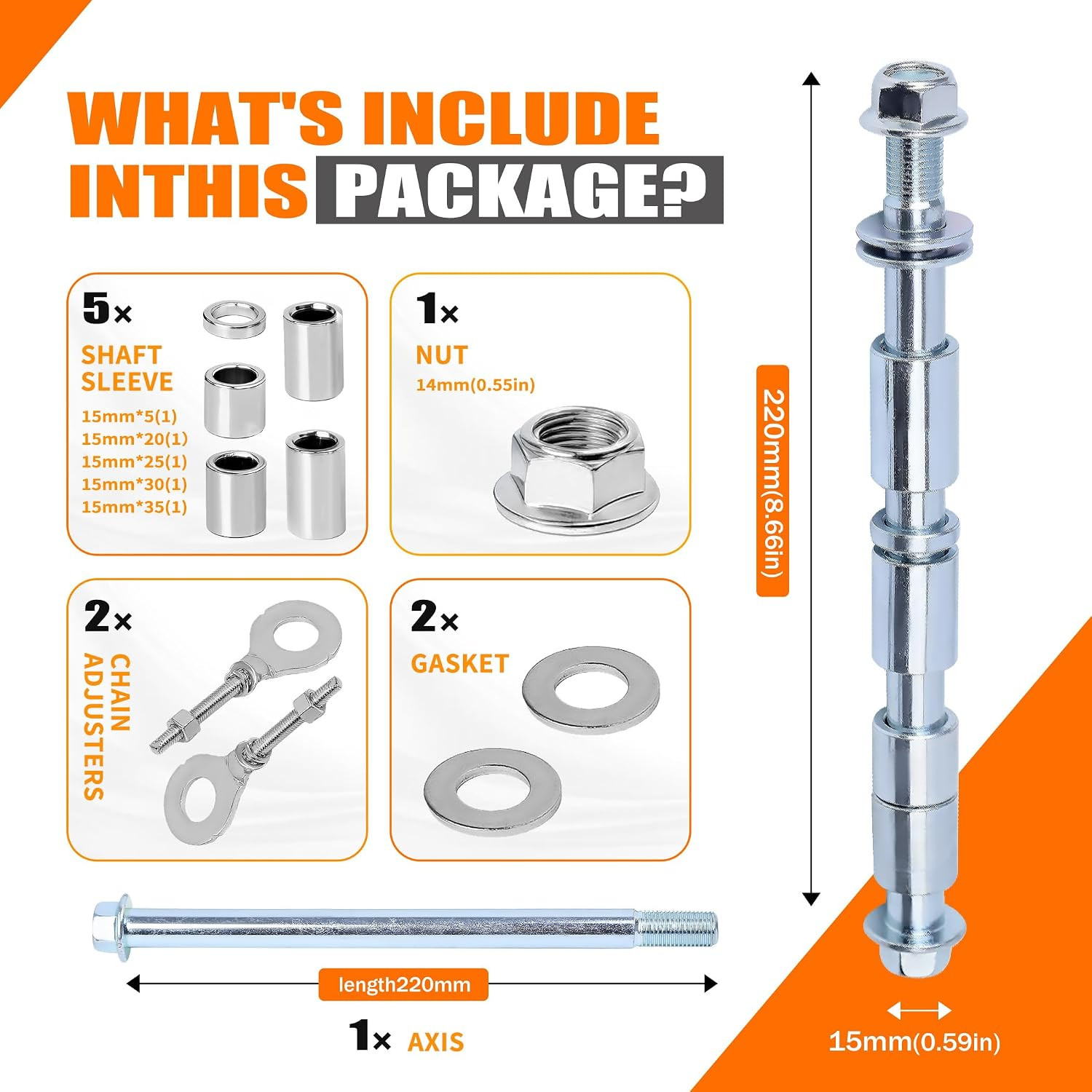 Mini Bike Rear Axle Kit 15mm*220mm(0.59″x8.66″) with Spacers Adjusters – for Col