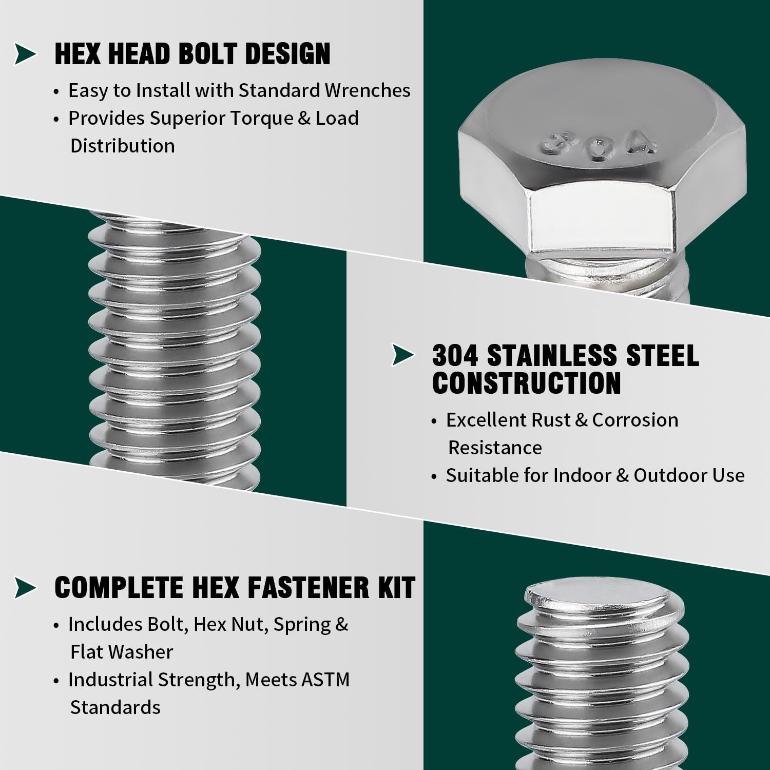 (10 Sets) 1/4-20 x 2 Hex Bolt and Nut Kit, 304 Stainless Steel (18-8), Fully …