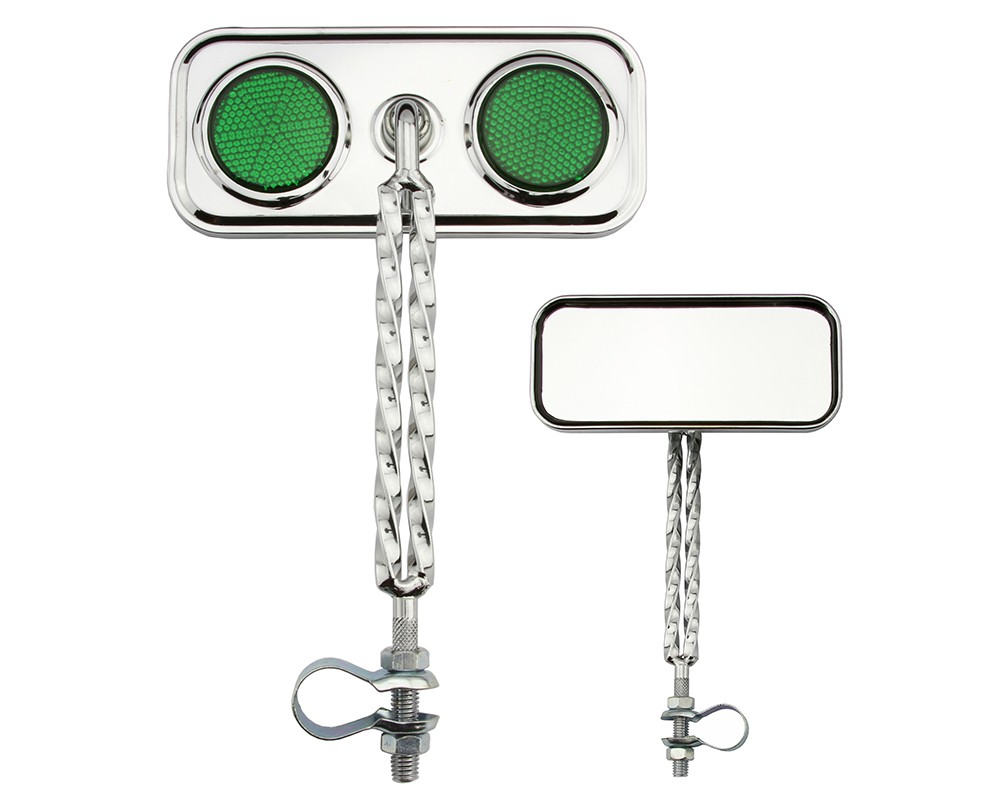 Bike Two Rectangle Double Square Twisted Mirror Chrome Green Reflectors.