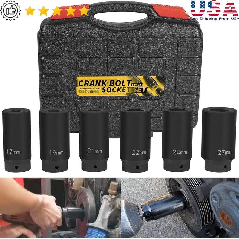 1/2″ Drive Deep Impact Crank Bolt Socket Set 17MM 19MM 21MM 22MM 24MM 27MM Tool