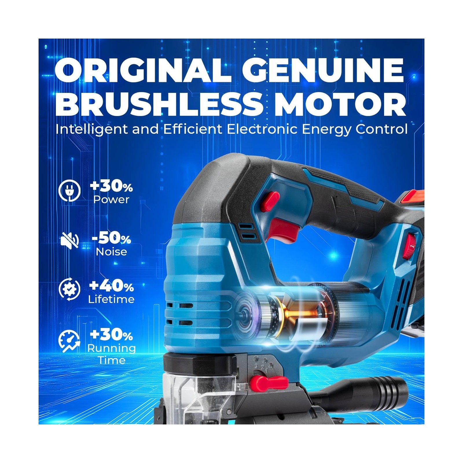 Dong Cheng 20V Brushless Jigsaw, 26mm Stroke, 800-3500 SPM, 0-45° Bevel, 6-