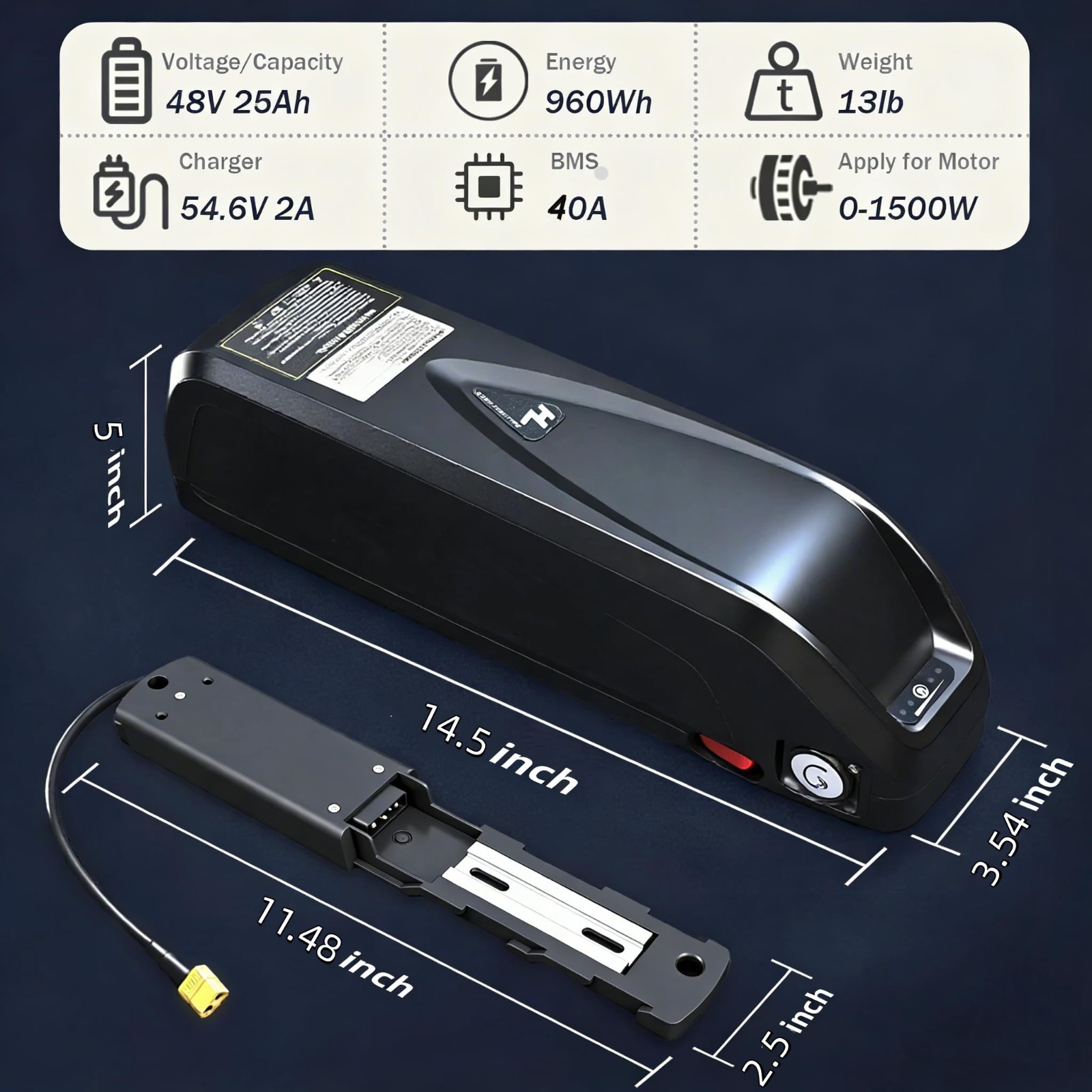 48V 20Ah/25Ah Lithium Battery with 30A BMS, 5-Pin Base Connector, 2A Charger