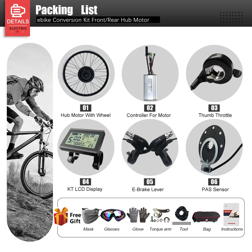 36V 48V 500W MTB E-bike Conversion Kit Rear Rotate Hub Motor Wheel 16-29in 700C