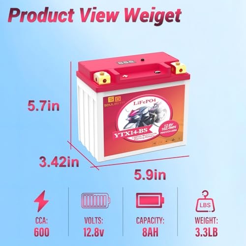 YTX14-BS Lithium Motorcycle Battery, ATV Battery 12V 8AH 600CCA YTX14-8AH