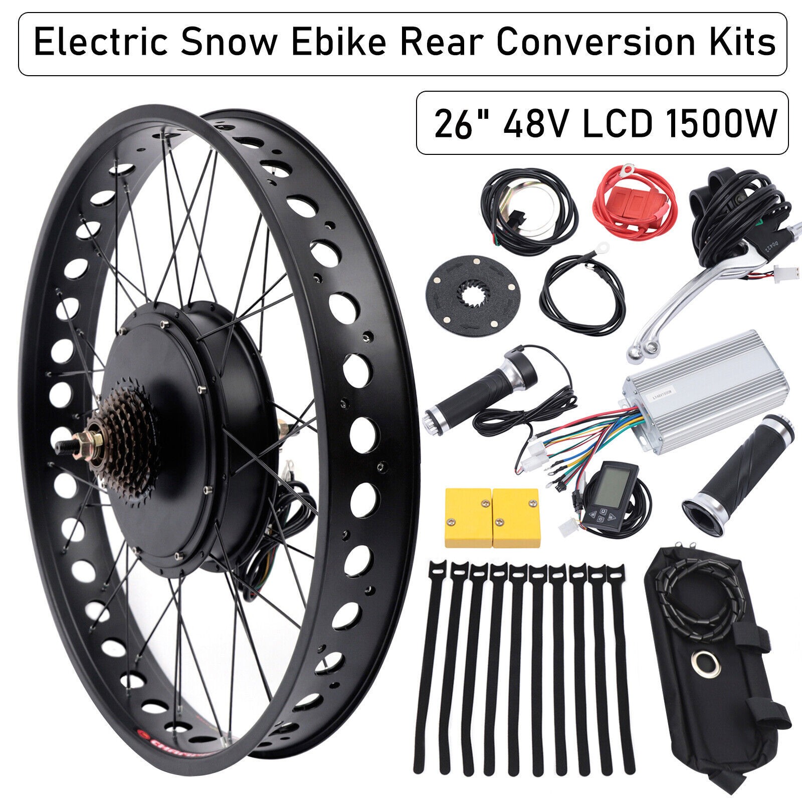 26″ 48V 1500W E bike Fat Tire Bicycle Rear Hub Motor Conversion Snow Wheel Kit