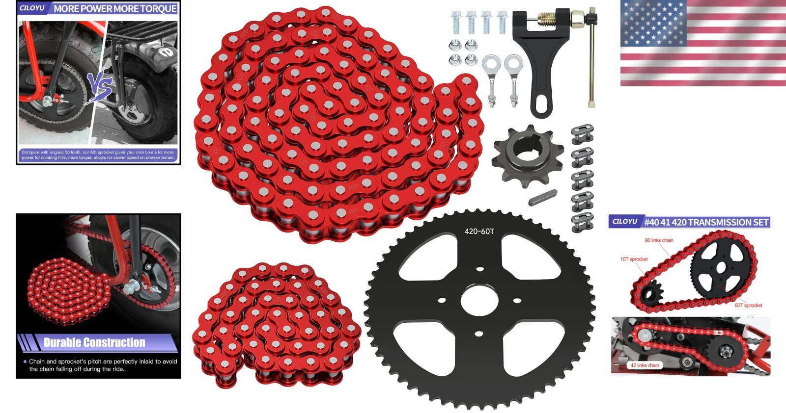60 Tooth Sprocket 420 Mini Bike Chain Kit Replacement for Coleman CT200U CT200U-