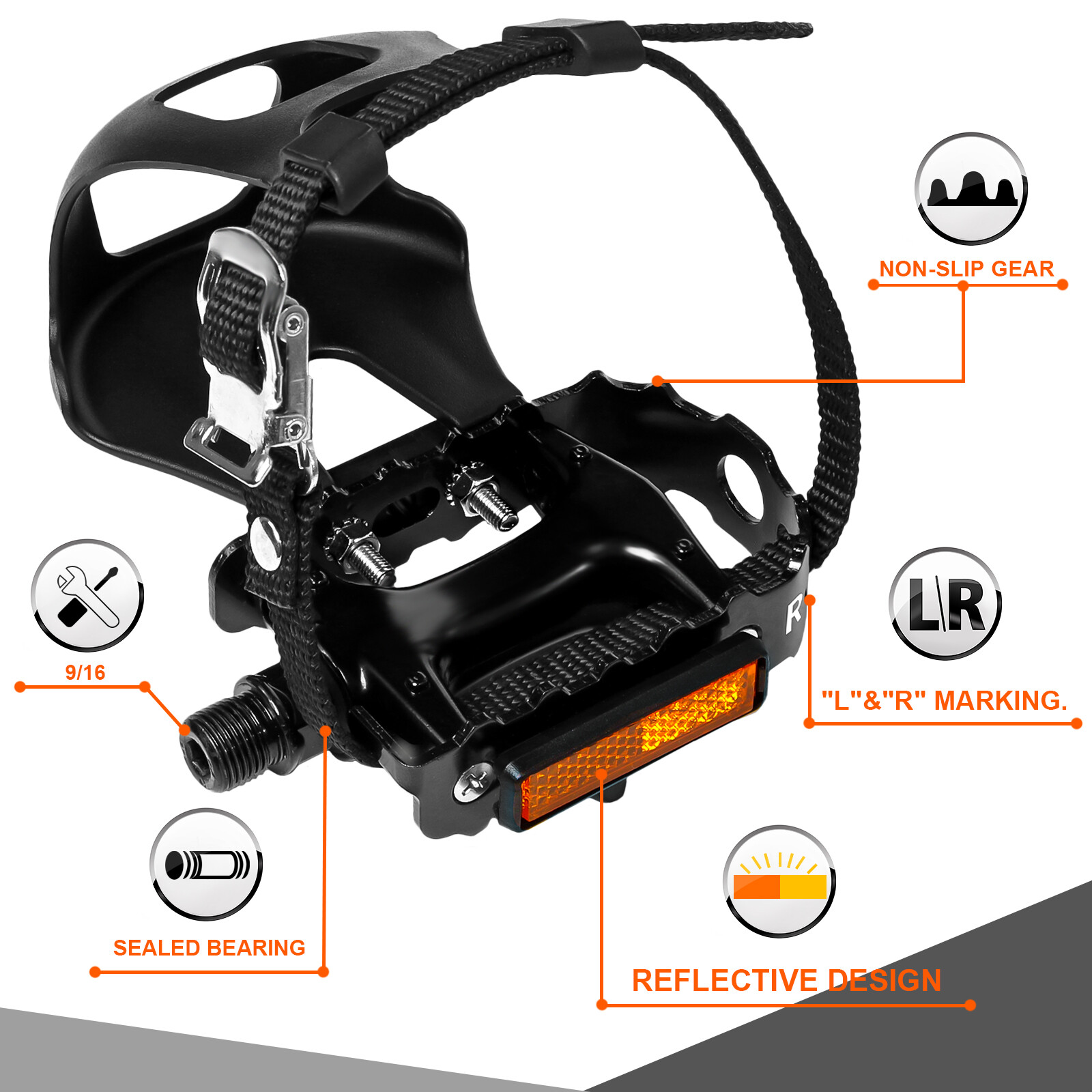MTB Road Bike Pedal 9/16″ with Toe Clips Strap Aluminium Non-slip For Shimano
