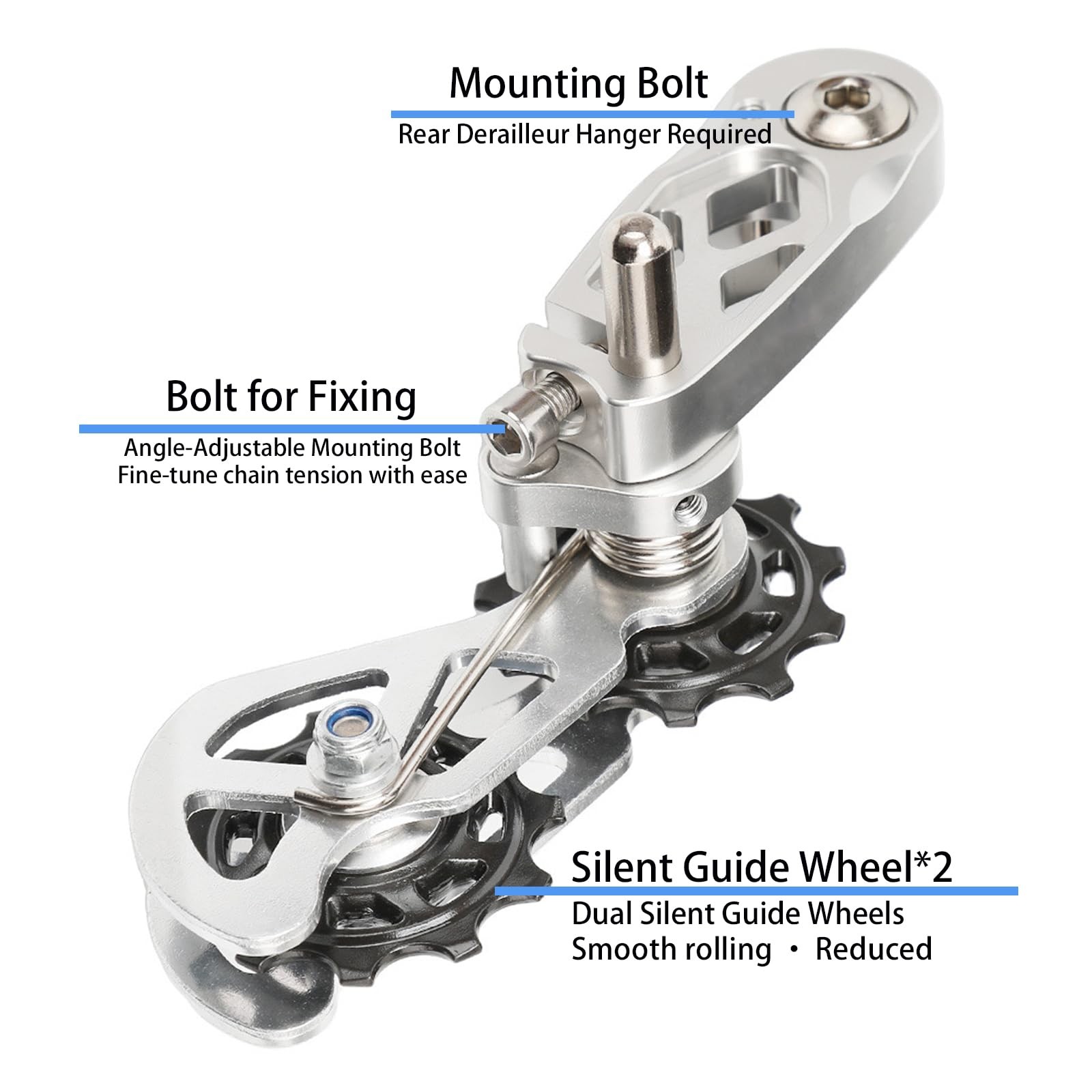 Single Speed Chain Tensioner, CNC Aluminum Double Spring One Size, Silver