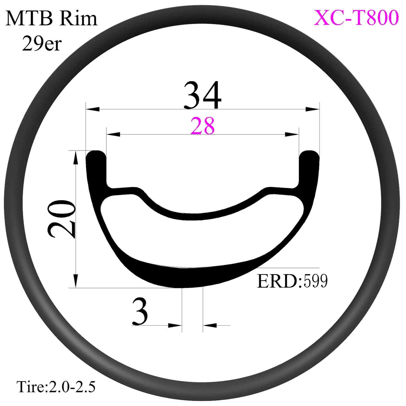 Super Light 29er Carbon Fiber XC MTB Rims 34mm Width 20mm High Hookless Tubeless