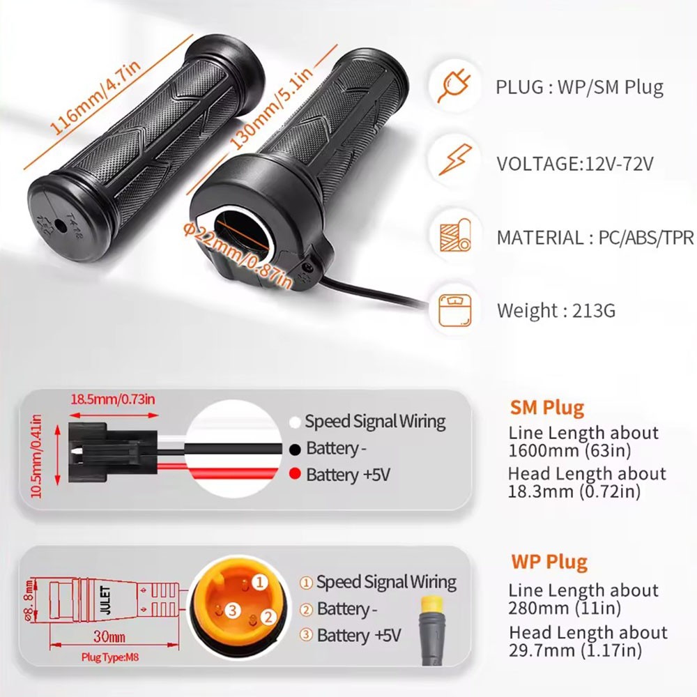 Electric Bike 12V-72V 192X Full Twist Throttle Handle Grips SM/WP Plug