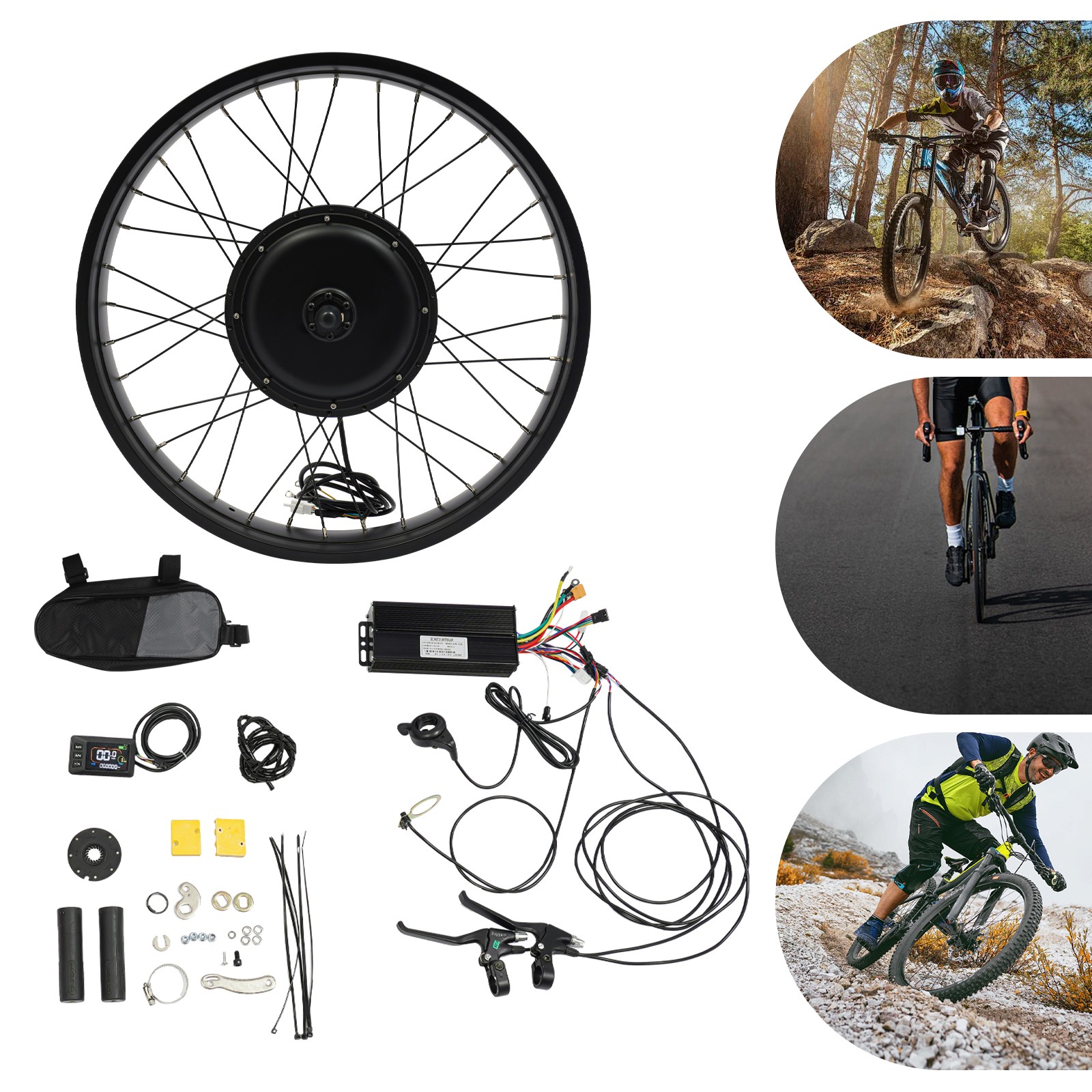 26″ 1500W 48V Front Wheel E-Bike Conversion Kit with LCD Display Thumb Throttle