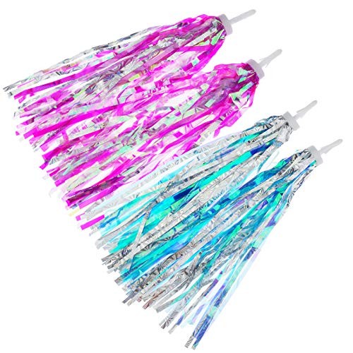 2 Pairs Bicycle Tassel Ribbon Bike Handlebar Blue silver and Hot pink silver