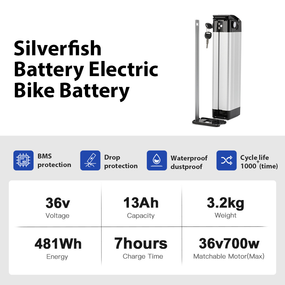 36V 13Ah Silver Fish Lithium Li-ion Battery for 700W Electric Bicycles E-Bike