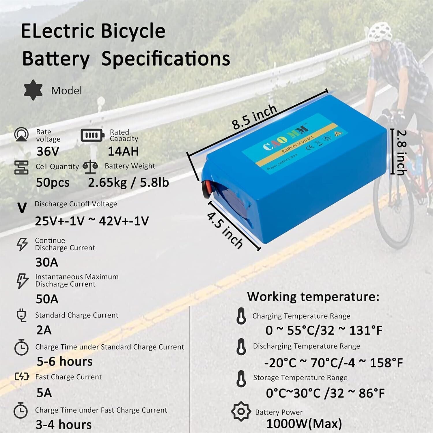 36V 14Ah LiFePo4 Ebike Battery for Electric Bike Scooter 350W 500W 750W Motor