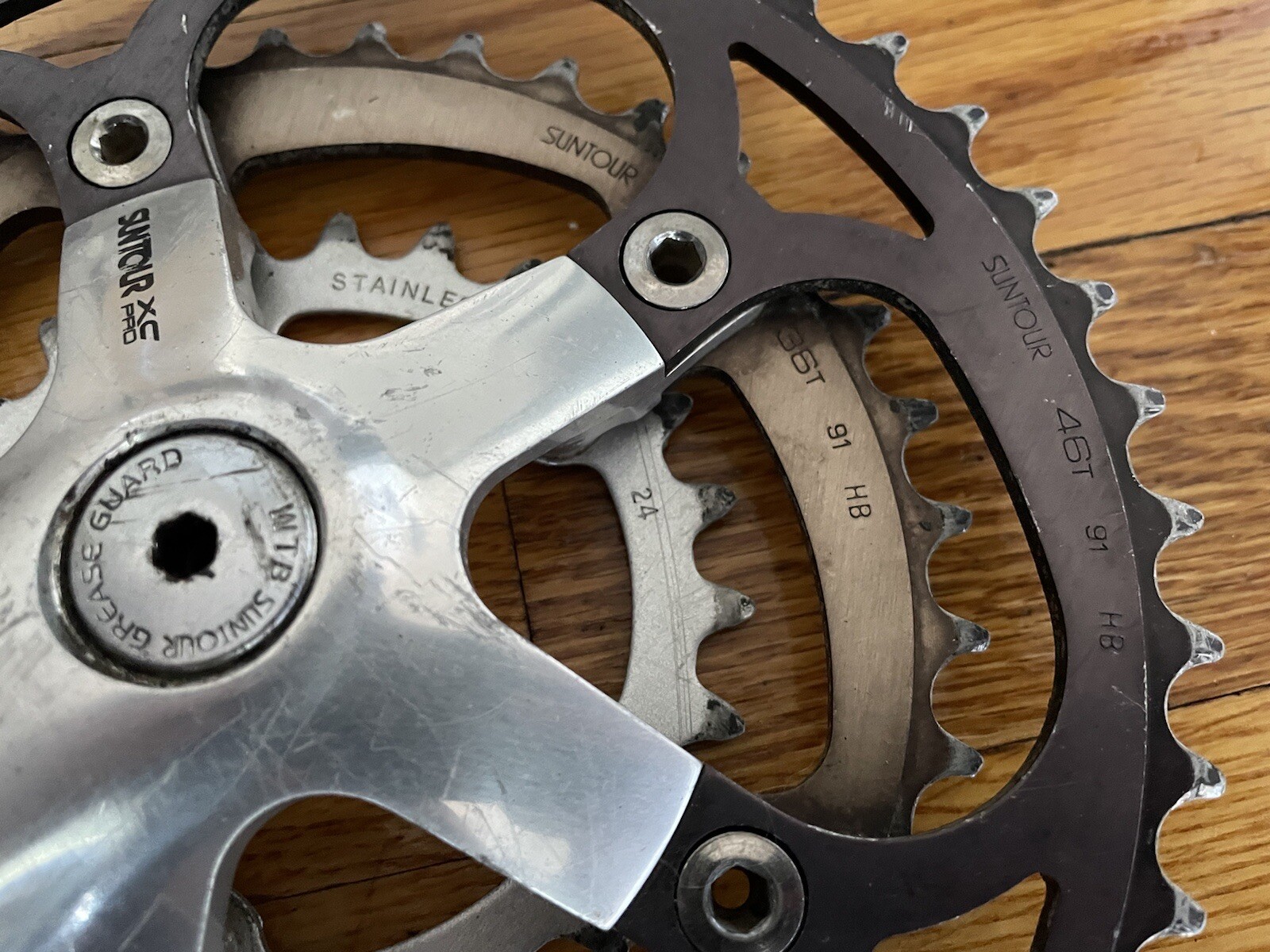 Suntour XC Pro Vintage MTB 175mm Crankset, 46-36-24, WTB Grease Guard Dust Caps