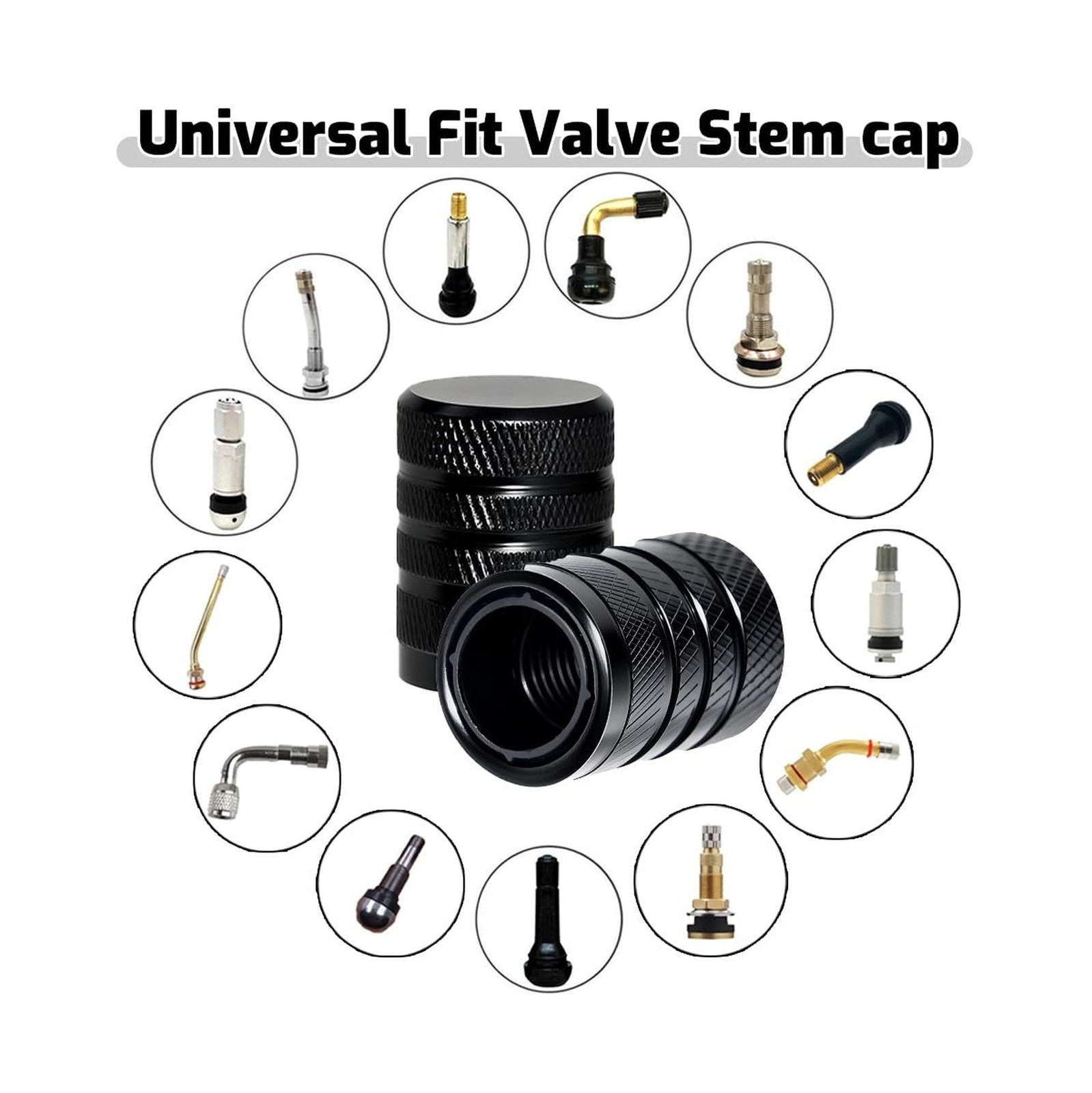 4-Piece Black Anodized Aluminum-Plastic Composite Tire Valve Stem Caps with I…