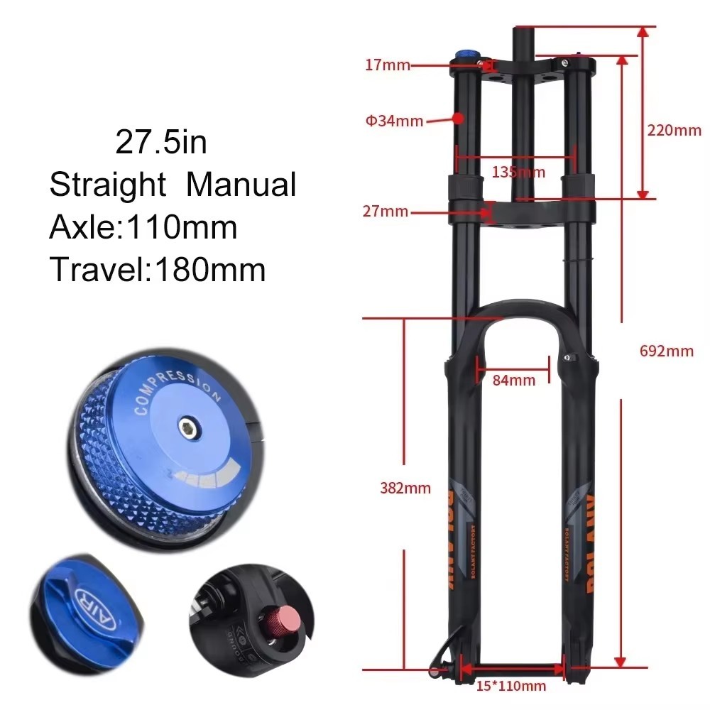 Mountain Bike Front Fork Dual Shoulder Thru-Axle Air Fork 180mm Travel