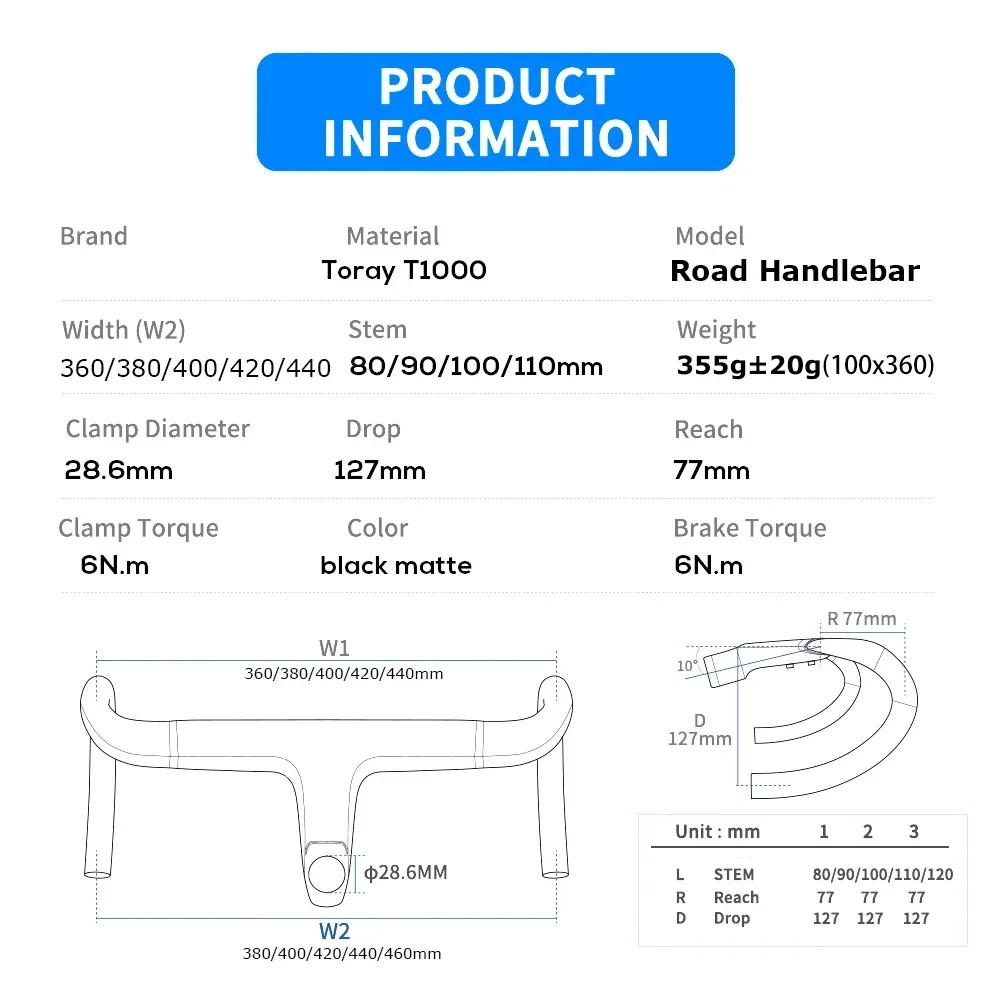 Carbon Road Bike Integrated Drop Bar -10 Degree Full Internal Cable 360-440mm
