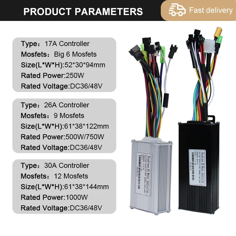 Three Mode 250W-1000W E-bike Brushless Sinewave Controller 17A/26A/30A 36V/48V
