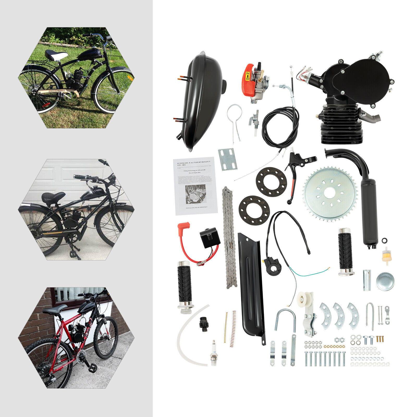 110cc Bicycle Gasoline Engine Motor Kit 2-Stroke Motorized Bike Kit Black US~