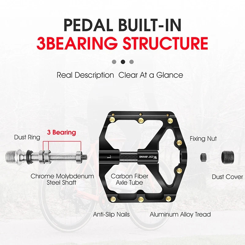 WEST BIKING Bike Pedals Carbon Fiber Axle 3 Bearing Bicycle Pedals Black a Pair