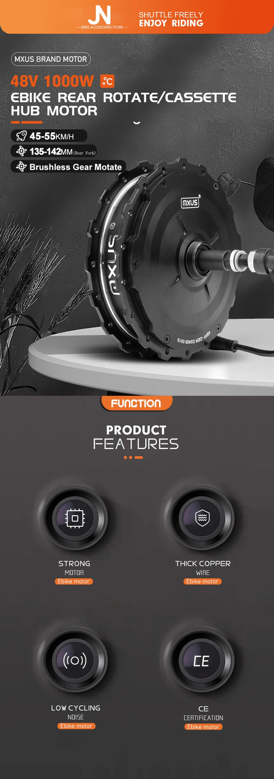 48V 750W 1000W MTB E-bike High Speed Brushless Rear Rotate/Cassette Hub Motor