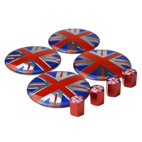 4X Union Jack UK Flag Wheel Center Cap + Valve Stem Cap for Mini Coopers R50