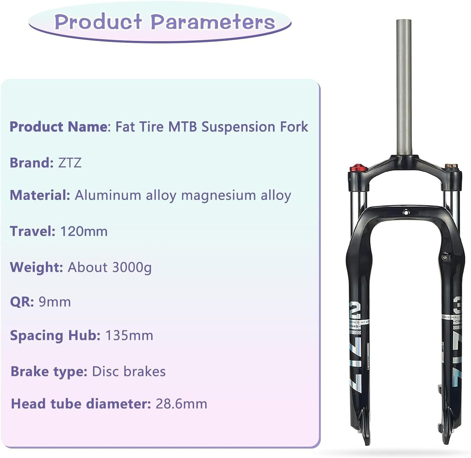 26 x 4.0 inch Fat Tyre MTB Suspension Fork – 100 mm Travel, 135 mm Spacing