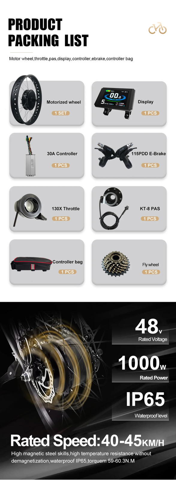 Electric Bicycle Conversion Kit 48V 1000W Rear Cassette 20/24/26er*4.0″
