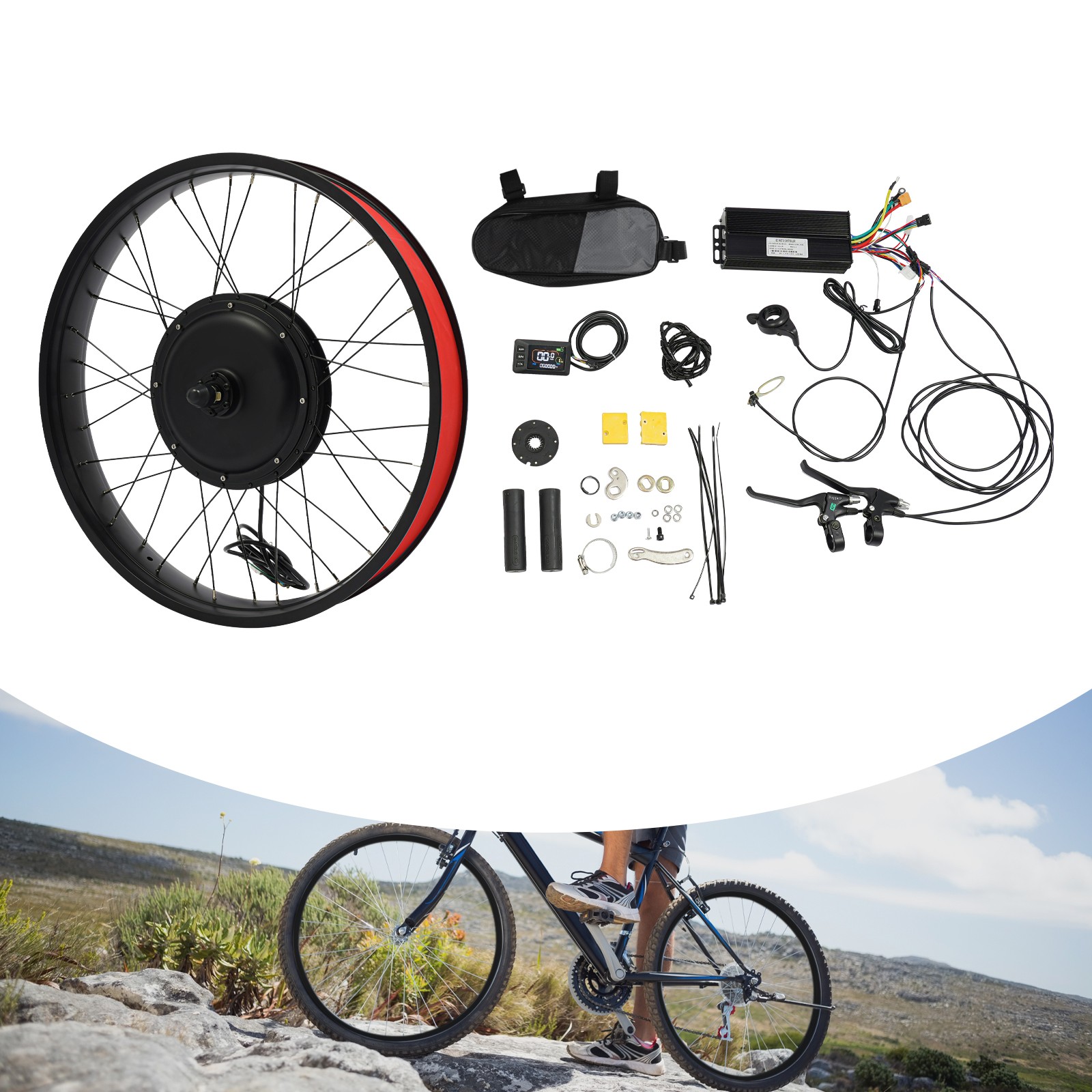 26″ 1500W 48V Front Wheel E-Bike Conversion Kit with LCD Display Thumb Throttle