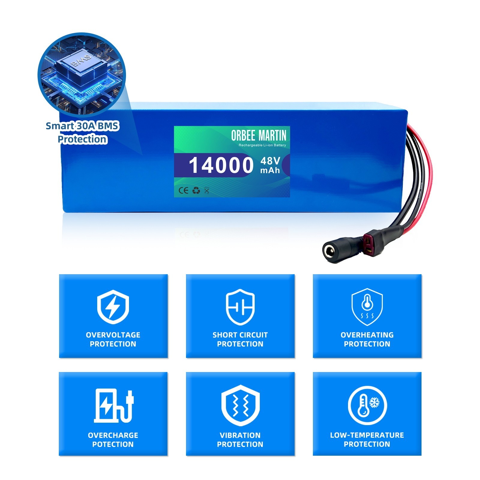 ORBEE MARTIN 48V 14Ah Rechargeable Battery, Lithuim Battery,XT60 Connector DIY