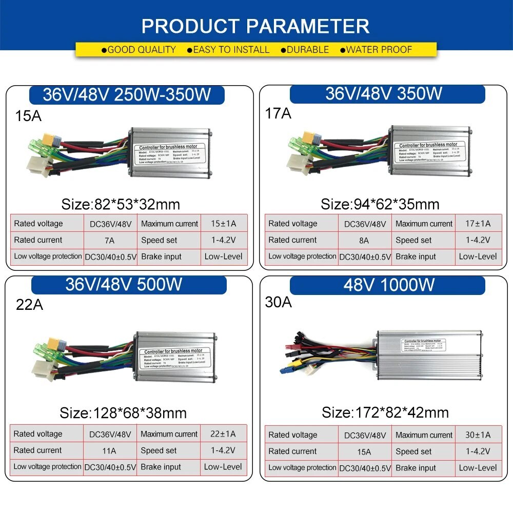 E-bike Brushless Controller SM Connector Squarewave 24V 36V 48V 250W-1500W