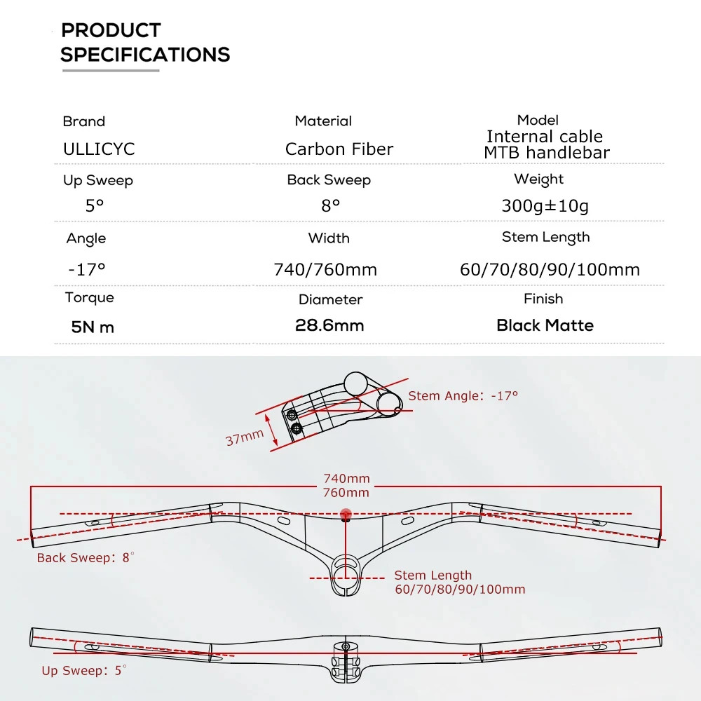 Carbon Fiber XC MTB Integrated Handlebar Full Internal Cable -17 Degree