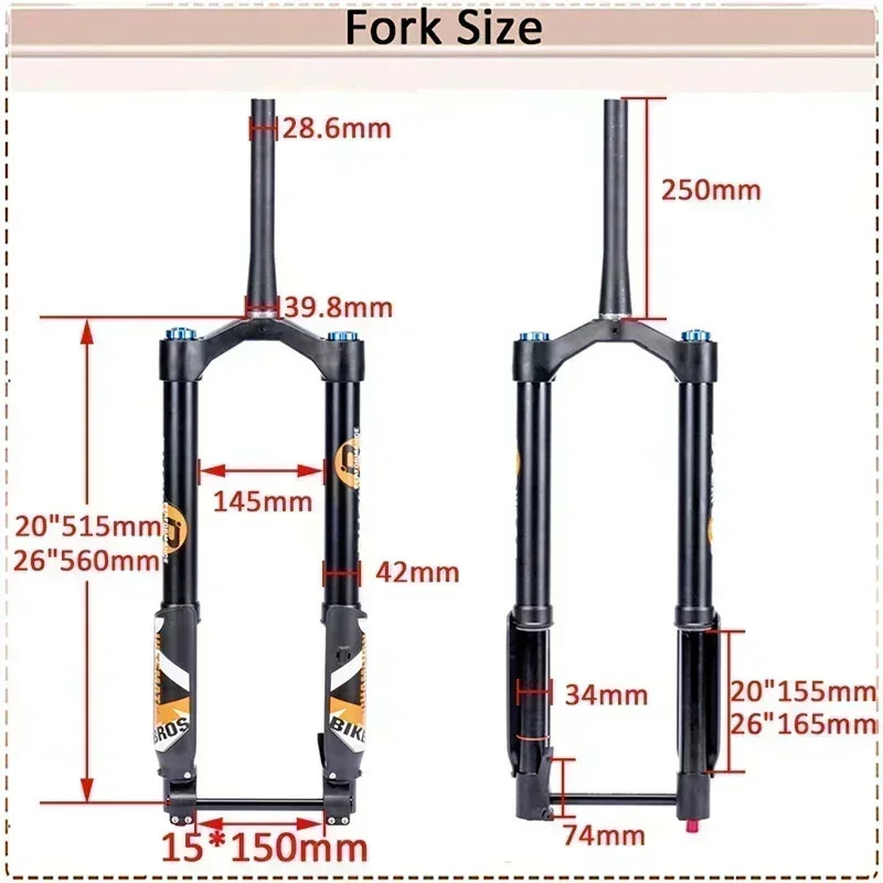20in Inverted Thru Axle Suspension Air Fork Travel 140mm Snow/Beach E-bike Fork