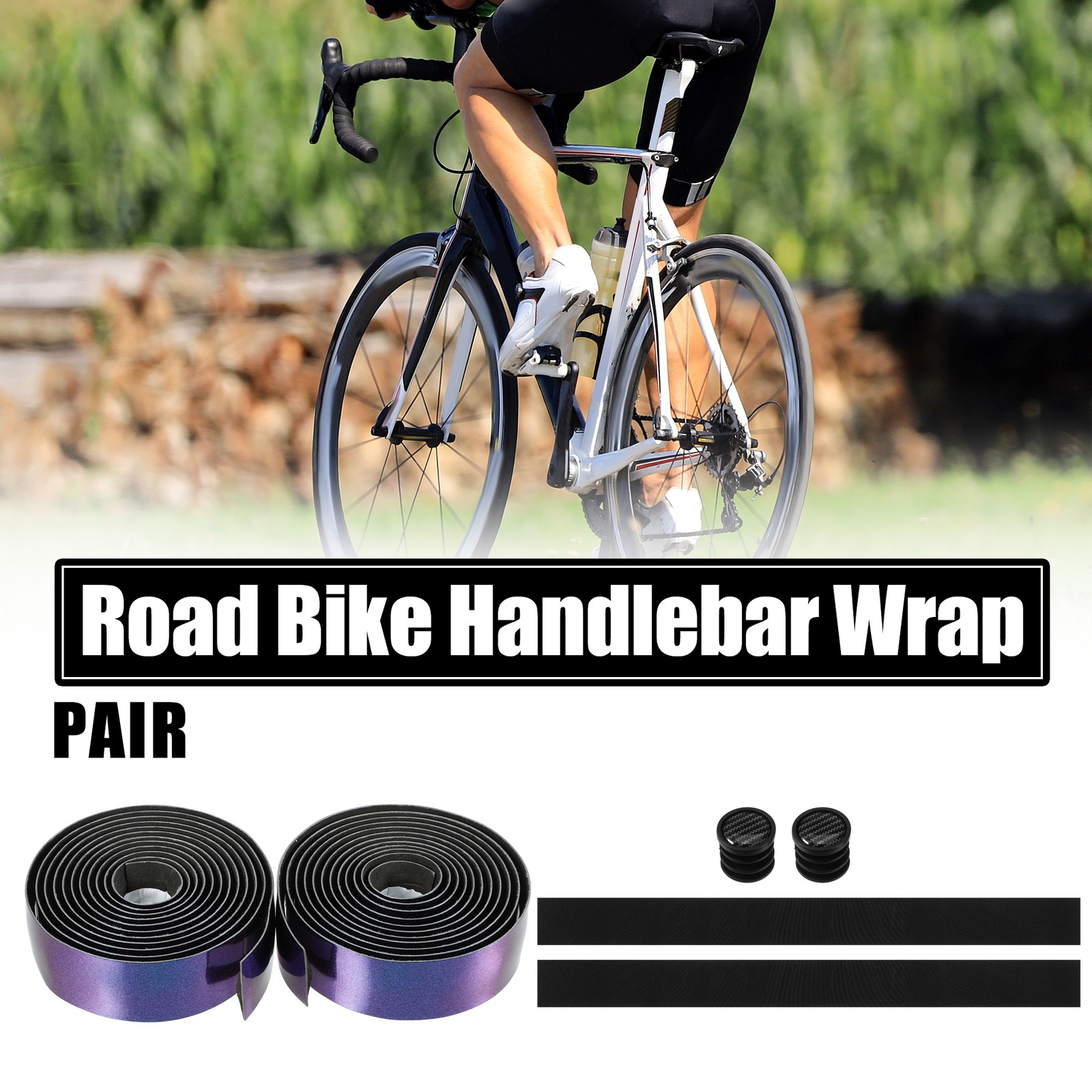 1 Pair Bike Handlebar Tapes Non-Slip with End Plugs for Road Bike Blue Purple