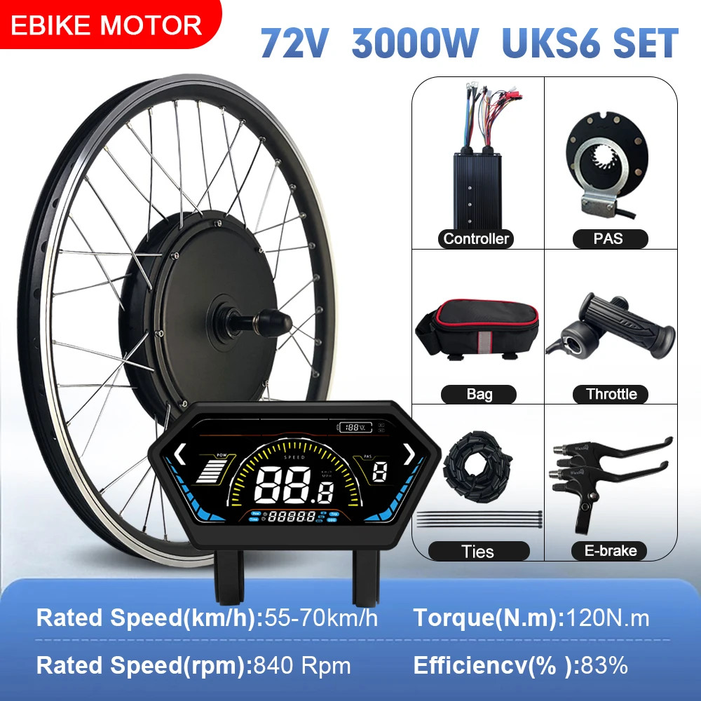 E-bike Conversion Kit 72V 3000W Brushless Rear Wheel Hub Motor Dropout 135mm