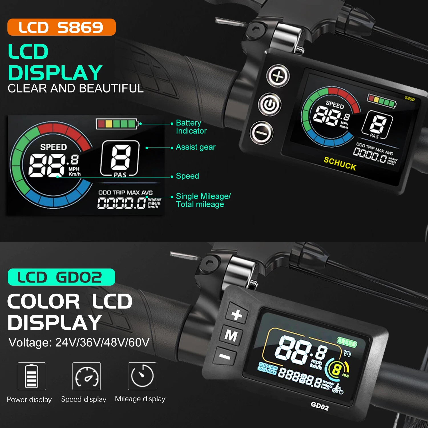 E-bike Display 24V 36V 48V 52V 60V 72V E-bike Colour SM/Waterproof Plug Display