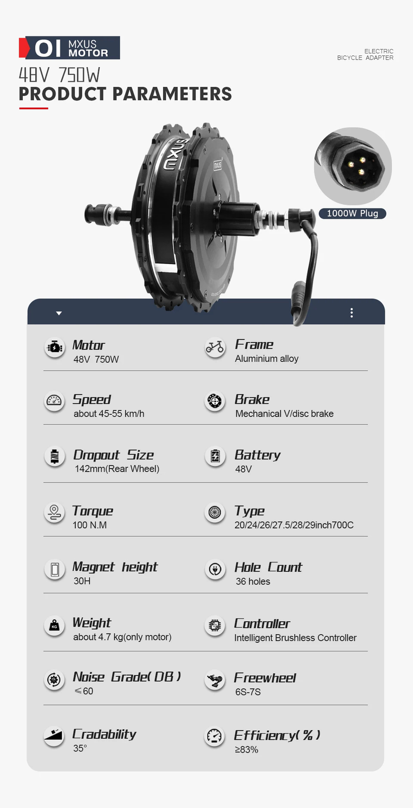 E-bike Conversion Kit 48V 750W Brushless Rear Hub Motor Wheel 20-29Inch 700C
